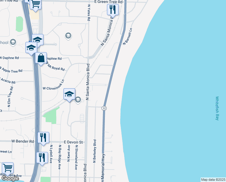 map of restaurants, bars, coffee shops, grocery stores, and more near 6454 North Lake Drive in Fox Point