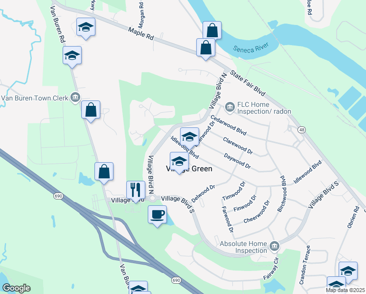 map of restaurants, bars, coffee shops, grocery stores, and more near 497 Idlewood Boulevard in Baldwinsville