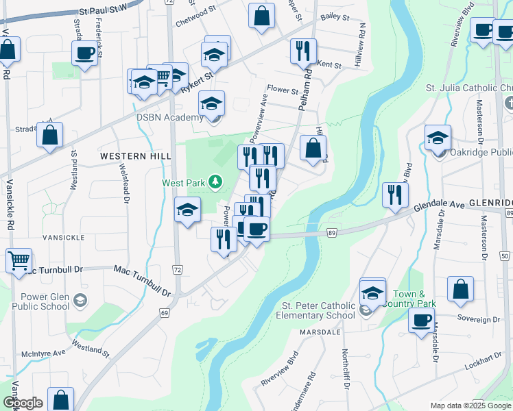 map of restaurants, bars, coffee shops, grocery stores, and more near 1 David Street in Saint Catharines