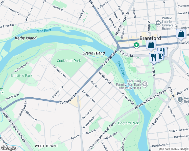 map of restaurants, bars, coffee shops, grocery stores, and more near in Brantford