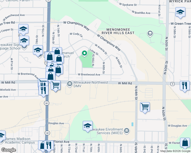 map of restaurants, bars, coffee shops, grocery stores, and more near 6919 West Brentwood Avenue in Milwaukee