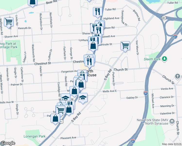 map of restaurants, bars, coffee shops, grocery stores, and more near in North Syracuse