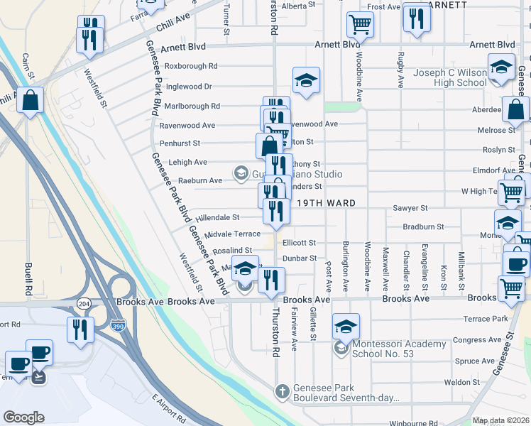 map of restaurants, bars, coffee shops, grocery stores, and more near 481-493 Thurston Road in Rochester