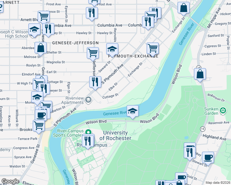 map of restaurants, bars, coffee shops, grocery stores, and more near 69 Elba Street in Rochester