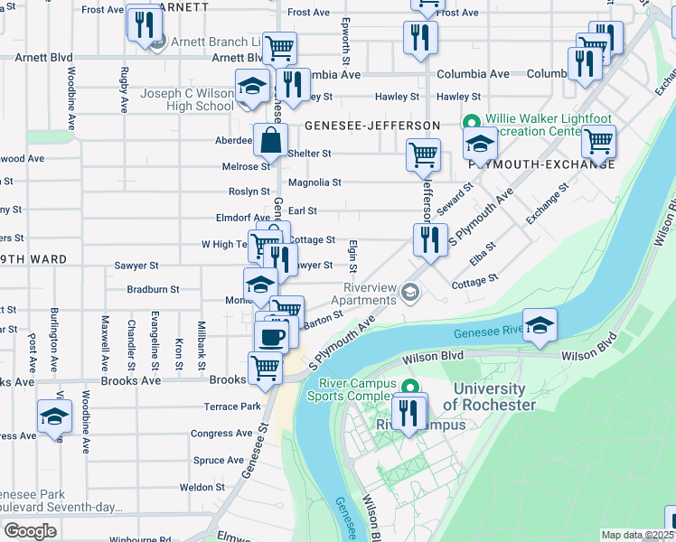 map of restaurants, bars, coffee shops, grocery stores, and more near 6 Elgin Street in Rochester