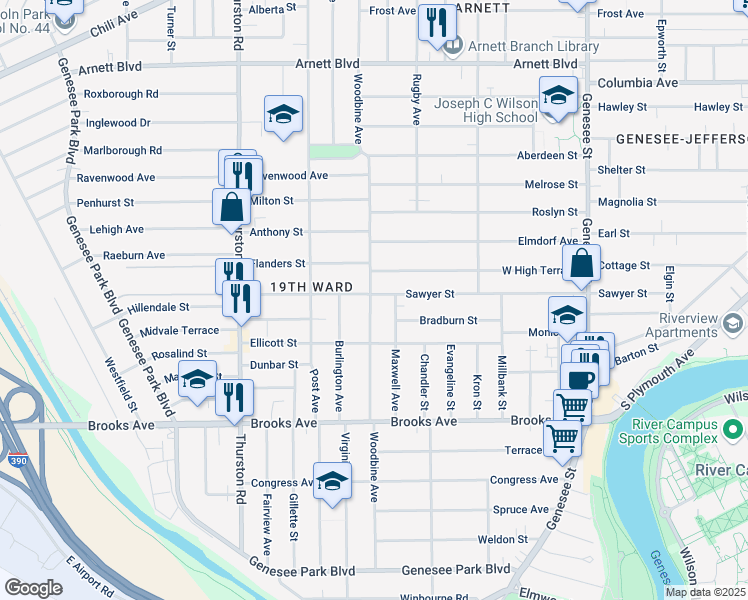 map of restaurants, bars, coffee shops, grocery stores, and more near 297 West High Terrace in Rochester