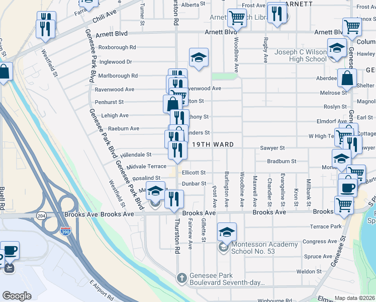 map of restaurants, bars, coffee shops, grocery stores, and more near 478 Thurston Road in Rochester