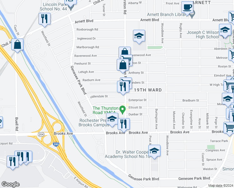 map of restaurants, bars, coffee shops, grocery stores, and more near 481-493 Thurston Road in Rochester