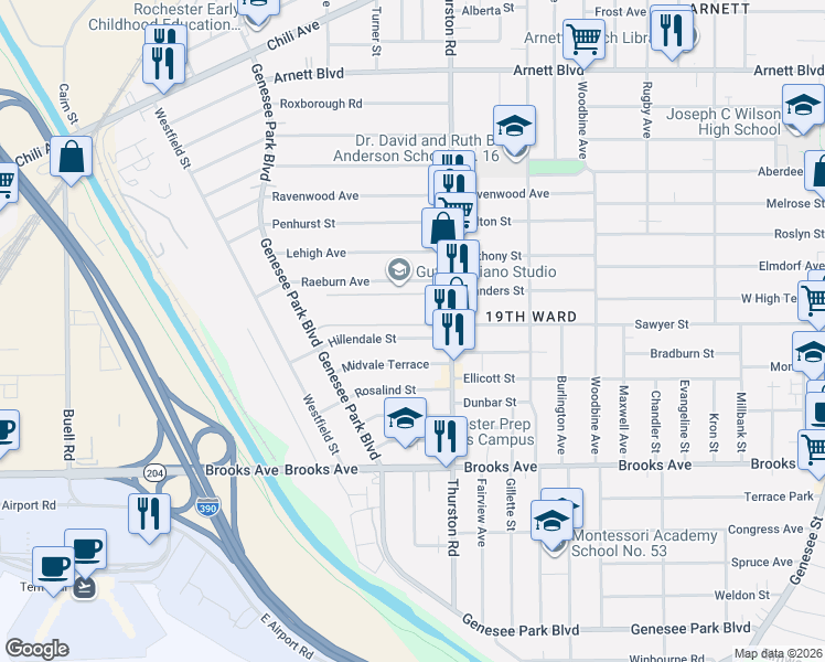 map of restaurants, bars, coffee shops, grocery stores, and more near 481-493 Thurston Road in Rochester