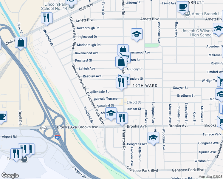 map of restaurants, bars, coffee shops, grocery stores, and more near 481-493 Thurston Road in Rochester