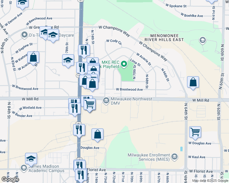 map of restaurants, bars, coffee shops, grocery stores, and more near 7127 West Brentwood Avenue in Milwaukee