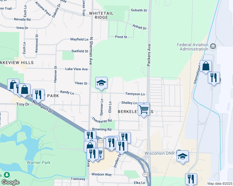 map of restaurants, bars, coffee shops, grocery stores, and more near 3834 Tennyson Lane in Madison