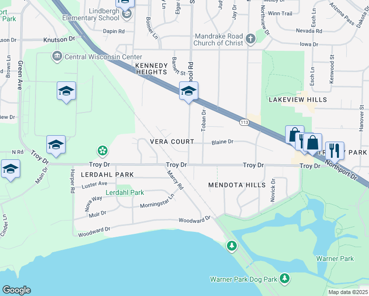 map of restaurants, bars, coffee shops, grocery stores, and more near 3906 School Road in Madison