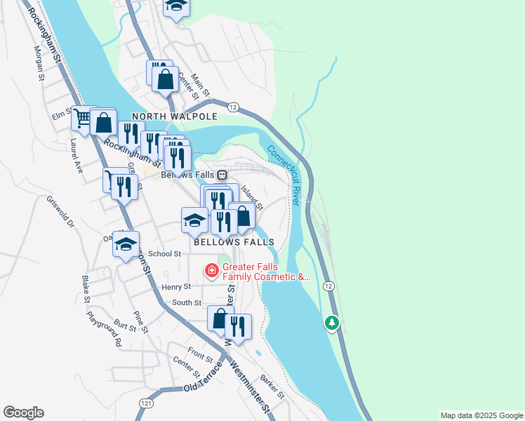 map of restaurants, bars, coffee shops, grocery stores, and more near Bridge Street in Town of Rockingham