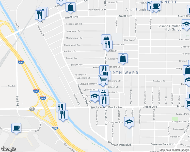 map of restaurants, bars, coffee shops, grocery stores, and more near 58 Hillendale Street in Rochester