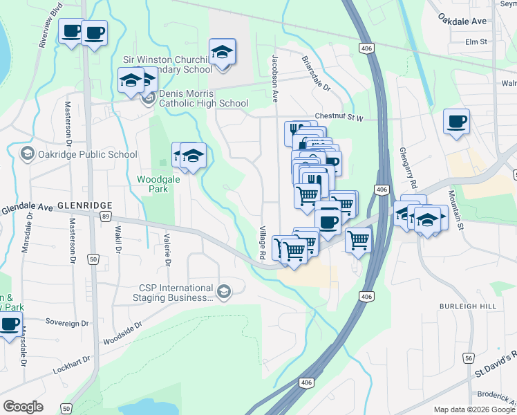 map of restaurants, bars, coffee shops, grocery stores, and more near 116 Village Road in St. Catharines