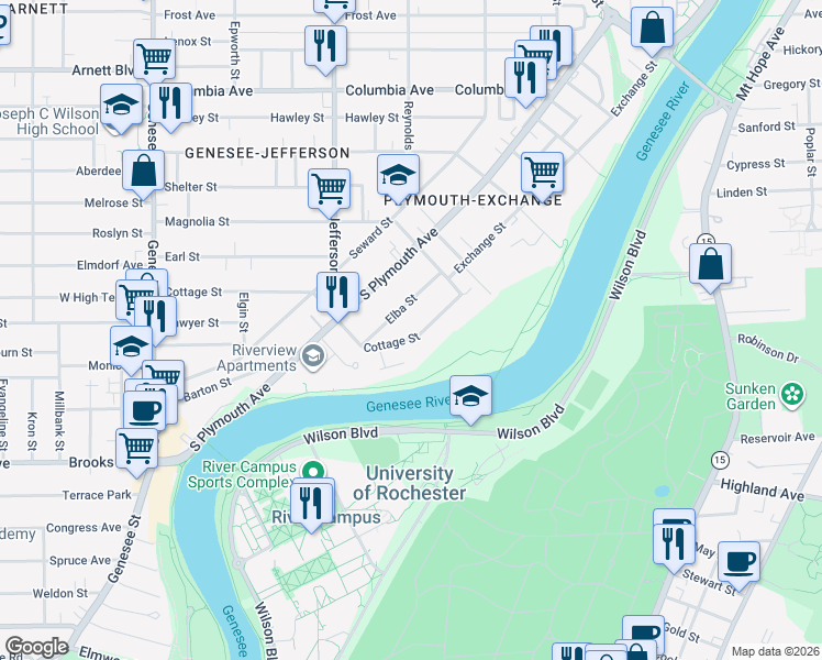 map of restaurants, bars, coffee shops, grocery stores, and more near 69 Elba Street in Rochester