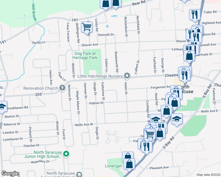 map of restaurants, bars, coffee shops, grocery stores, and more near 311 Chestnut Street in Syracuse