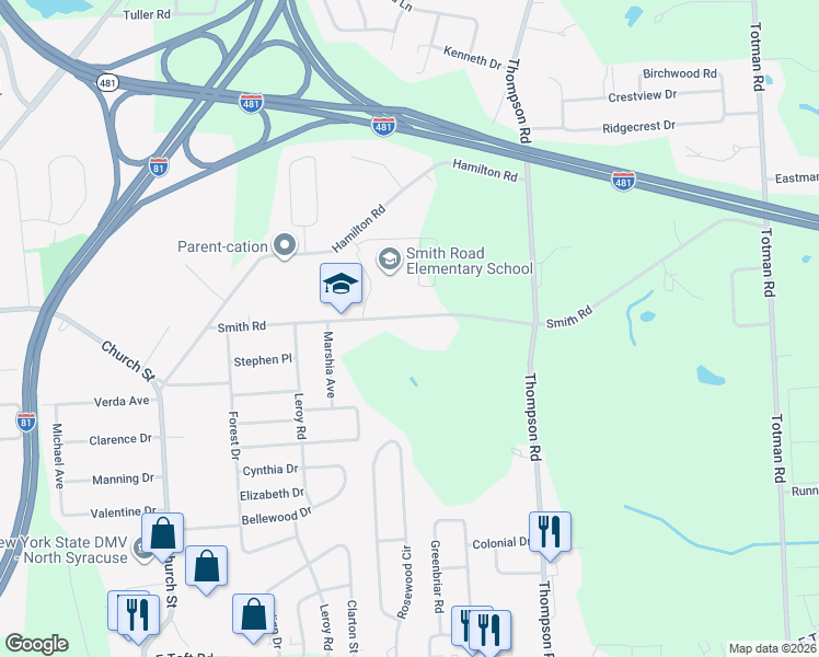 map of restaurants, bars, coffee shops, grocery stores, and more near 5977 Smith Road in Syracuse