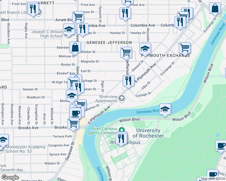 map of restaurants, bars, coffee shops, grocery stores, and more near 665R Seward Street in Rochester