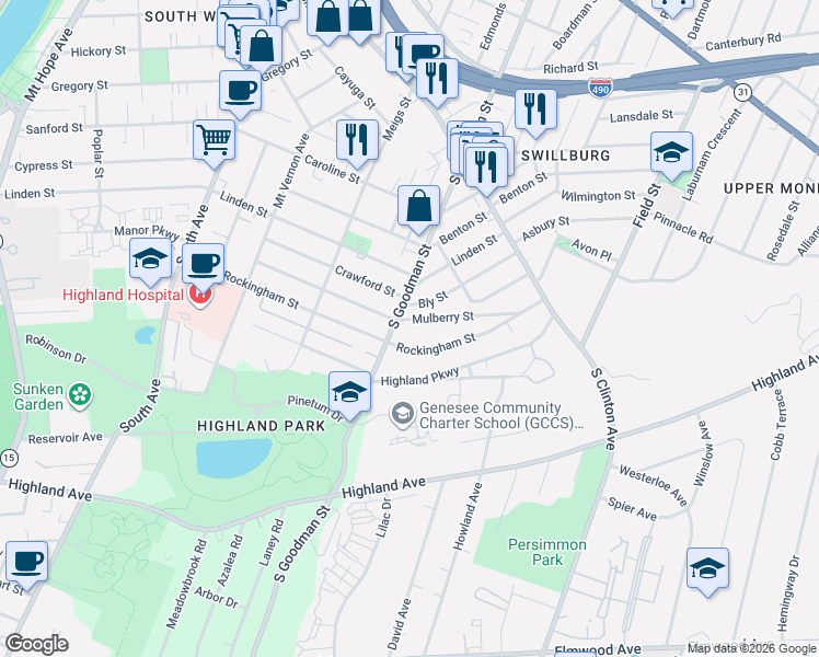 map of restaurants, bars, coffee shops, grocery stores, and more near 928 South Goodman Street in Rochester