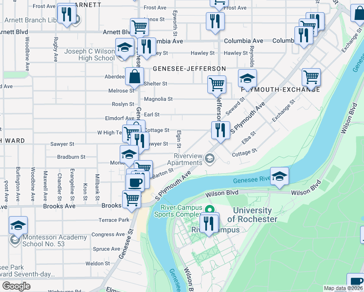 map of restaurants, bars, coffee shops, grocery stores, and more near 6 Elgin Street in Rochester