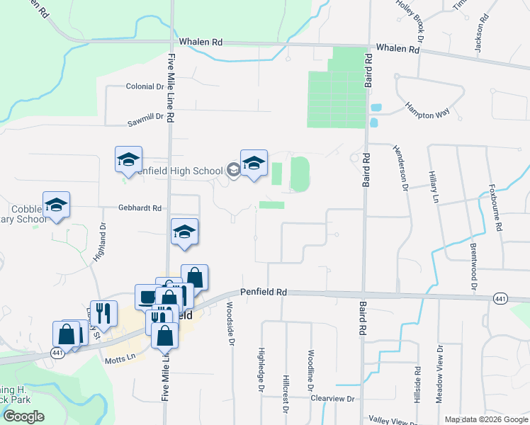 map of restaurants, bars, coffee shops, grocery stores, and more near 129 Peachtree Road in Penfield