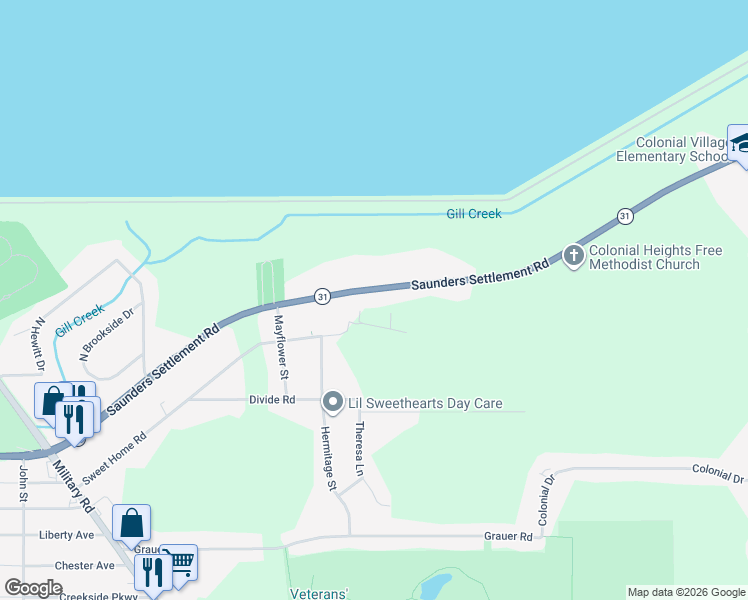 map of restaurants, bars, coffee shops, grocery stores, and more near 1180 Saunders Settlement Road in Niagara Falls