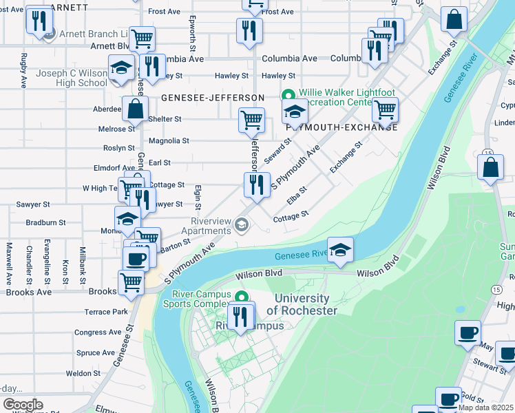 map of restaurants, bars, coffee shops, grocery stores, and more near 251 Cottage Street in Rochester