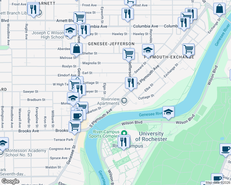 map of restaurants, bars, coffee shops, grocery stores, and more near 665R Seward Street in Rochester