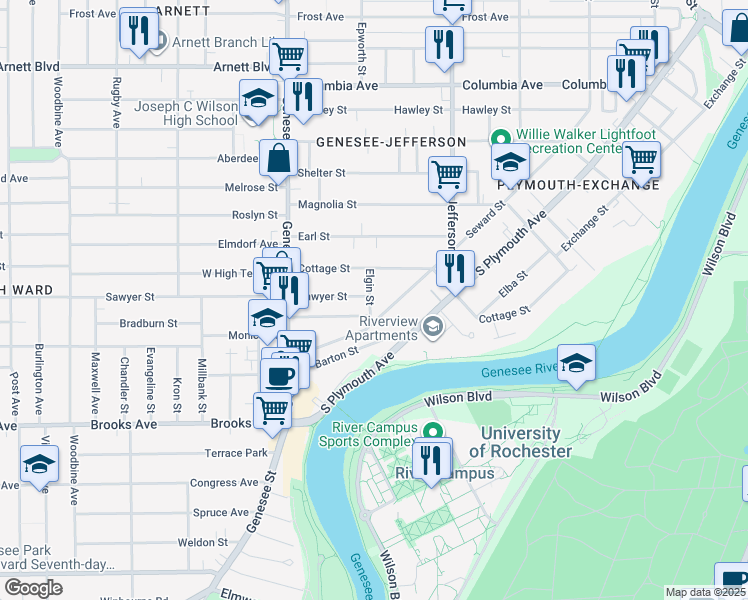 map of restaurants, bars, coffee shops, grocery stores, and more near 6 Elgin Street in Rochester