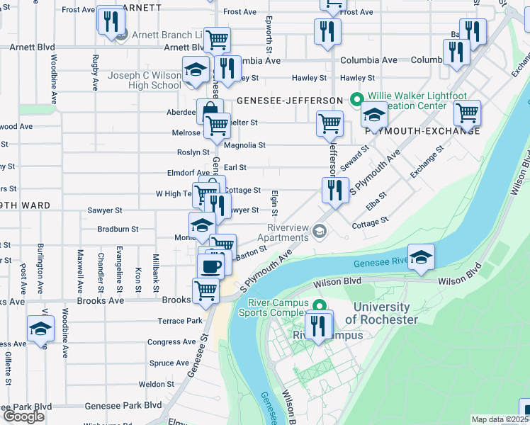 map of restaurants, bars, coffee shops, grocery stores, and more near 6 Elgin Street in Rochester