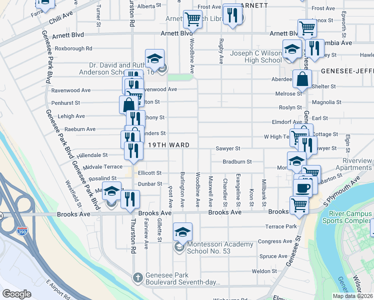map of restaurants, bars, coffee shops, grocery stores, and more near 559 Woodbine Avenue in Rochester