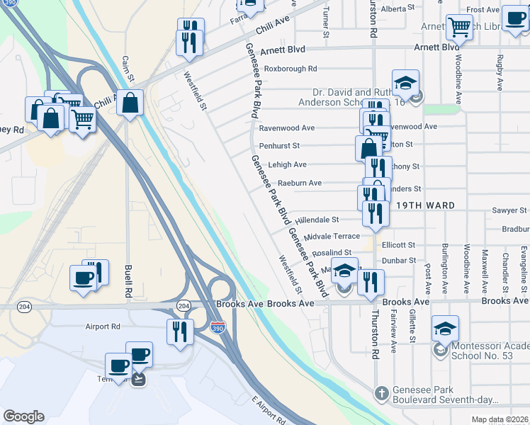 map of restaurants, bars, coffee shops, grocery stores, and more near 322 Westfield Street in Rochester