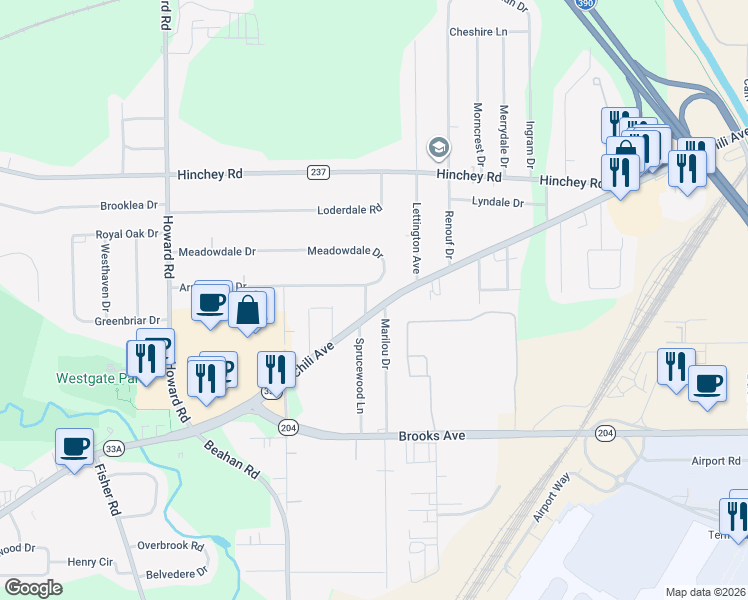 map of restaurants, bars, coffee shops, grocery stores, and more near 281 Meadowdale Drive in Rochester