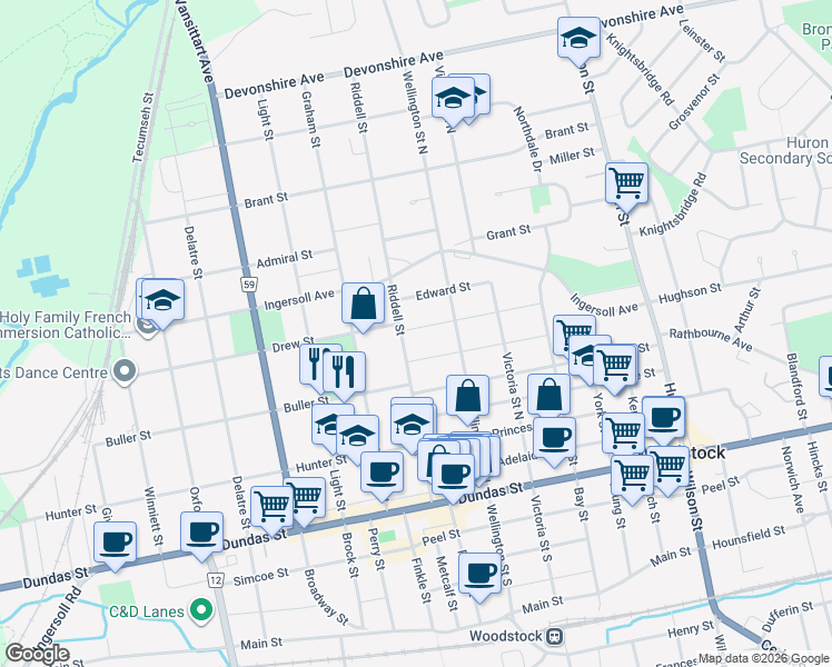 map of restaurants, bars, coffee shops, grocery stores, and more near 511 Mary Street in Woodstock