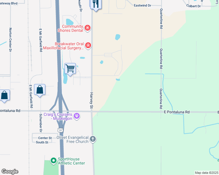 map of restaurants, bars, coffee shops, grocery stores, and more near 6396-6598 South Harvey Street in Norton Shores