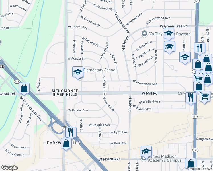 map of restaurants, bars, coffee shops, grocery stores, and more near 8600 West Brentwood Avenue in Milwaukee