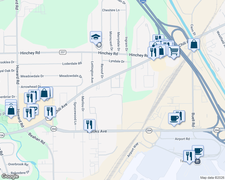 map of restaurants, bars, coffee shops, grocery stores, and more near 5 Ellis Drive in Rochester