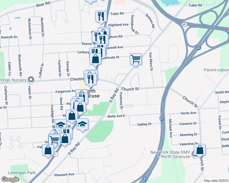 map of restaurants, bars, coffee shops, grocery stores, and more near 700 South Bay Road in Syracuse
