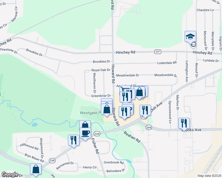 map of restaurants, bars, coffee shops, grocery stores, and more near 1451 Howard Road in Rochester