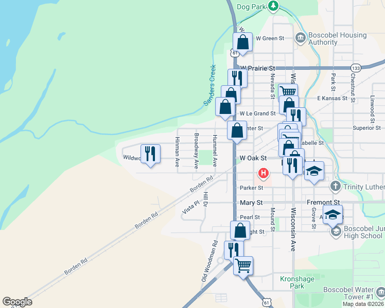 map of restaurants, bars, coffee shops, grocery stores, and more near 600 Warah Street in Boscobel