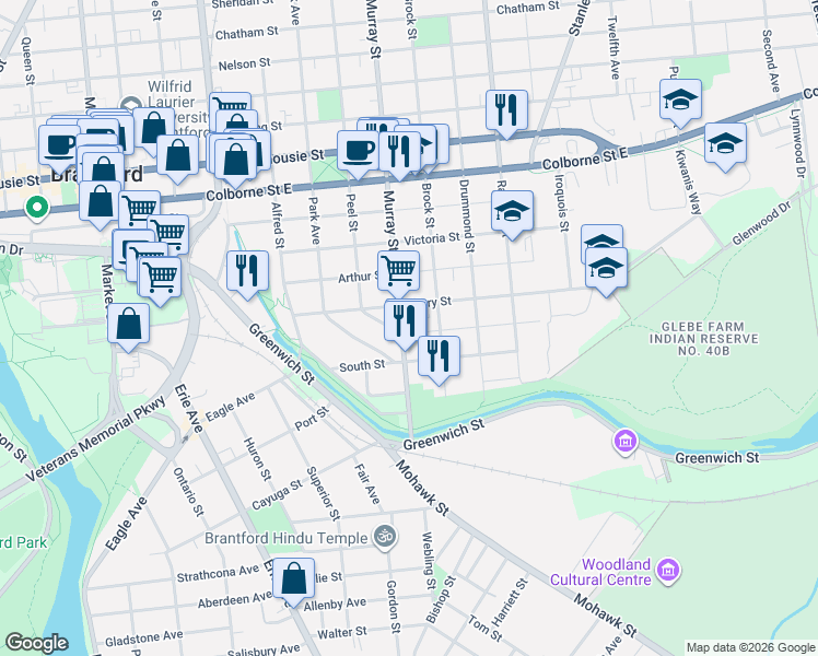 map of restaurants, bars, coffee shops, grocery stores, and more near 61 Murray Street in Brantford
