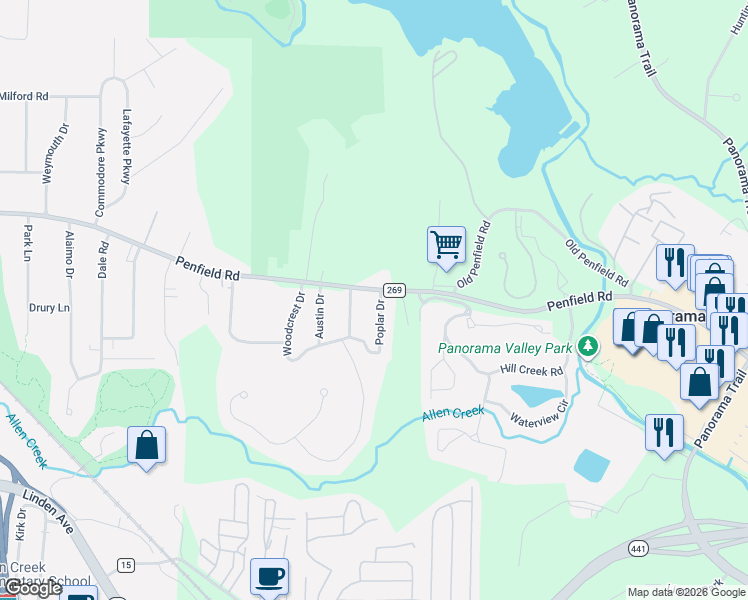 map of restaurants, bars, coffee shops, grocery stores, and more near 1060 Penfield Road in Rochester