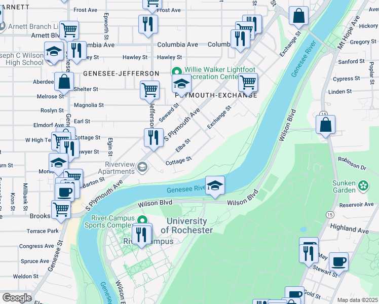 map of restaurants, bars, coffee shops, grocery stores, and more near 69 Elba Street in Rochester