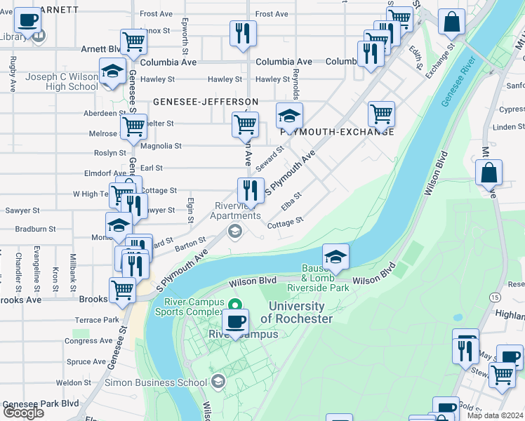 map of restaurants, bars, coffee shops, grocery stores, and more near 1128 South Plymouth Avenue in Rochester