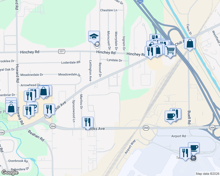 map of restaurants, bars, coffee shops, grocery stores, and more near 5 Ellis Drive in Rochester