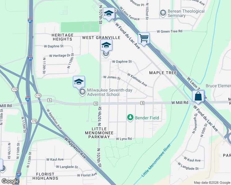 map of restaurants, bars, coffee shops, grocery stores, and more near 6454 North 105th Street in Milwaukee