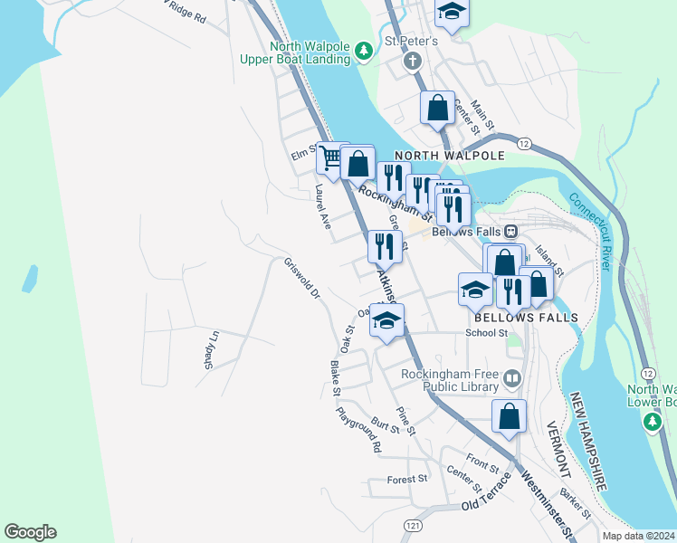 map of restaurants, bars, coffee shops, grocery stores, and more near 70 Williams Street in Town of Rockingham