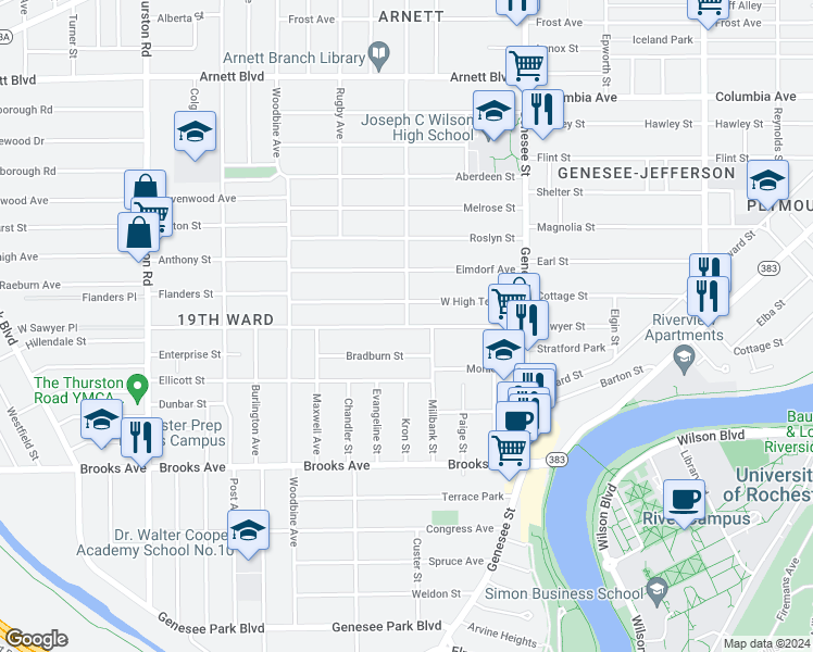 map of restaurants, bars, coffee shops, grocery stores, and more near 296 Sawyer Street in Rochester